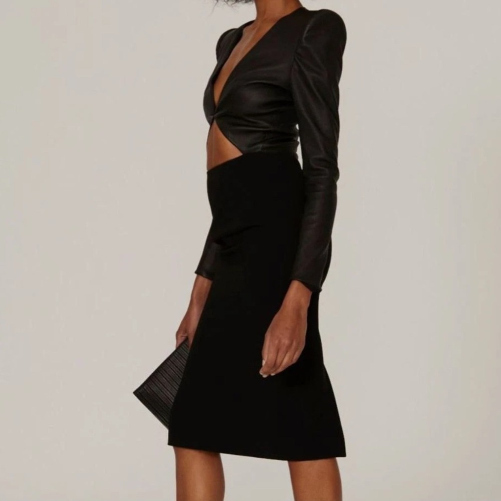 Sergio Hudson Leather Mixed Media Cutout Dress in Black‎ Size 10 - Picture 4 of 15